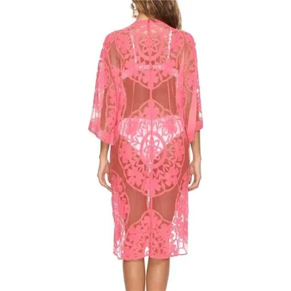 Women's Floral Lace Sheer Kimono Cover Up Beach Cardigan Long Crochet Swimsuit